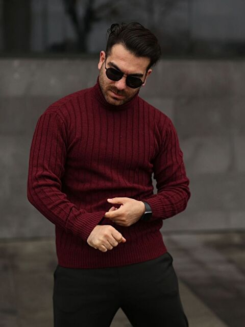 Trendseninle Bordo Boğazlı Balıkçı Yaka Kışlık Triko Erkek Uzun Kollu Kazak - S000323326-19951