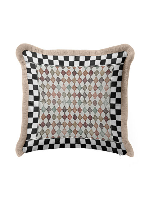 Milbay Grup Lüks Harlequin Kare Motifli Saçaklı Yastık Kılıfı - Damalı Retro Bej Kenarlı Püsküllü Kırlent Kılıfı