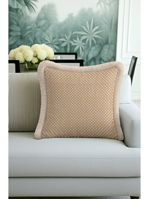 Milbay Grup Nostaljik Puantiyeli Saçaklı Yastık Kılıfı - Sade Country Bej Krem Püsküllü Kırlent Kılıfı