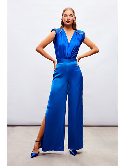 SATEEN Yırtmaç Detaylı Saten Pantolon - Sax Mavi - S000323716-23710