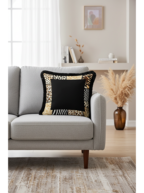 Milbay Grup Vahşi Dokulu Saçaklı Yastık Kılıfı - Safari Glam Bohem Siyah Altın Renkli Püsküllü Kırlent Kılıfı