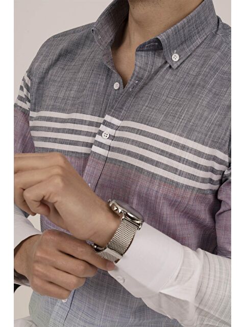 Etikmen Panolu Gri Vişne Slimfit Keten Erkek %100 Pamuk Gömlek - S000120667-37280