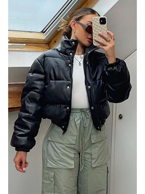 Madmext Siyah Kadın Crop Basic Deri Mont Mg1380 - S000056685-19351