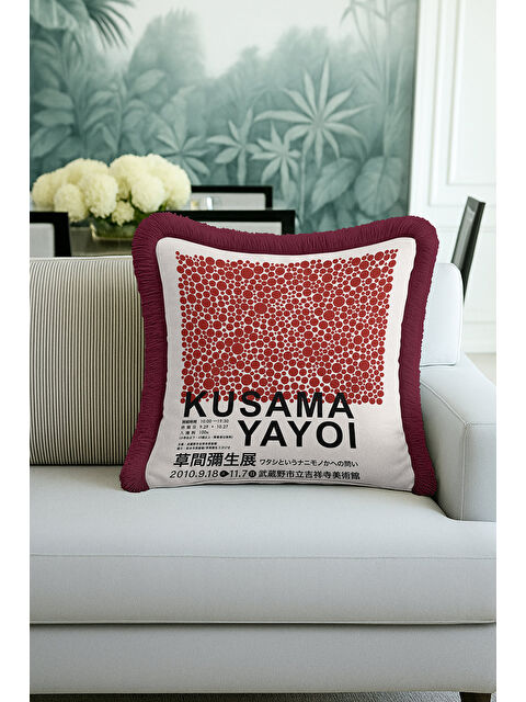Milbay Grup Modern Sanat Esintili Saçaklı Yastık Kılıfı - Geometrik Japon Stil Kırmızı Püsküllü Kırlent Kılıfı