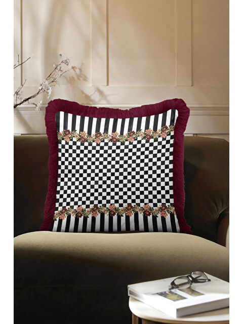 Milbay Grup Lüks Çiçekli Kareli Saçaklı Yastık Kılıfı - Vintage Ekose Bohem Bordo Püsküllü Kırlent Kılıfı