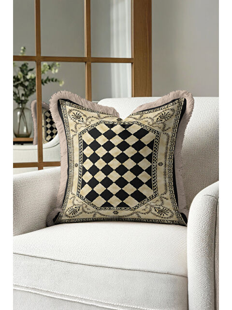 Milbay Grup Saray Motifli Saçaklı Yastık Kılıfı - Lüks Klasik Bohem Siyah Altın Renkli Püsküllü Kırlent Kılıfı