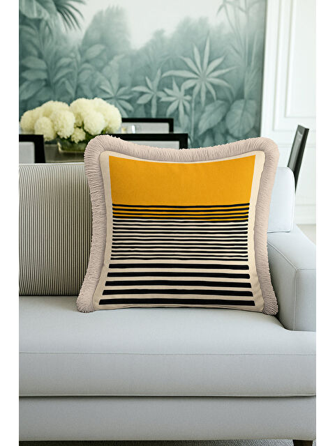 Milbay Grup Modern Çizgili Gold Saçaklı Yastık Kılıfı - Asimetrik Geometrik Bohem Gri Püsküllü Kırlent Kılıfı