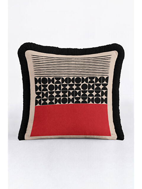 Milbay Grup Geometrik Modern Saçaklı Yastık Kılıfı - Retro Kırmızı Siyah Püsküllü Kırlent Kılıfı