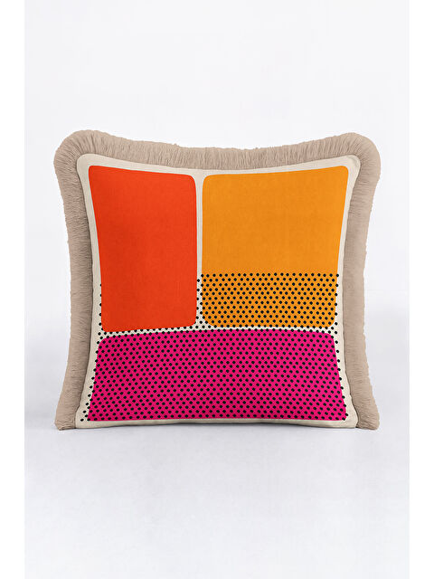 Milbay Grup Pop Art Stil Saçaklı Yastık Kılıfı - Geometrik Retro Enerjik Fuşya Püsküllü Kırlent Kılıfı