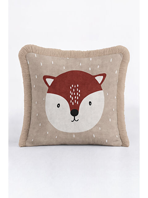 Milbay Grup Nordik Tilki Figürlü Saçaklı Yastık Kılıfı - Çocuk Odası Doğal Bej Bohem Püsküllü Kırlent Kılıfı