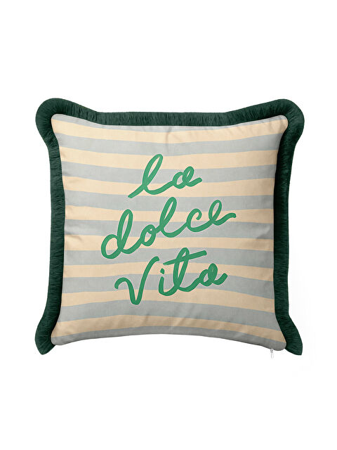 Milbay Grup İtalyan Şıklığı Saçaklı Yastık Kılıfı - Çizgili Bohem Yeşil Krem Püsküllü Kırlent Kılıfı
