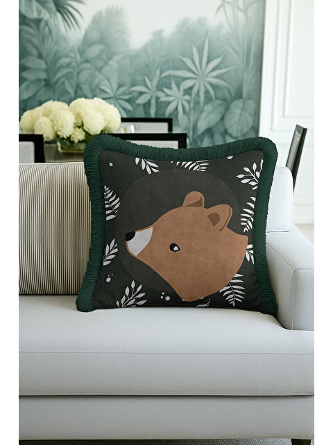 Milbay Grup Doğal Orman Temalı Saçaklı Yastık Kılıfı - Çocuk Odası Bohem Koyu Yeşil Püsküllü Kırlent Kılıfı