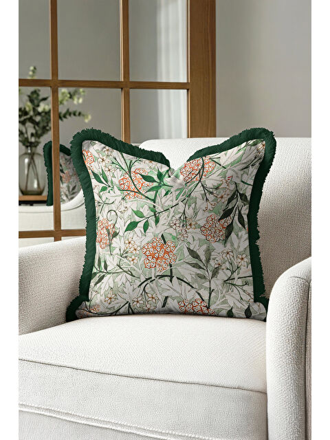 Milbay Grup Botanik Çiçekli Saçaklı Yastık Kılıfı - Doğal Yeşil Bohem Krem Püsküllü Kırlent Kılıfı