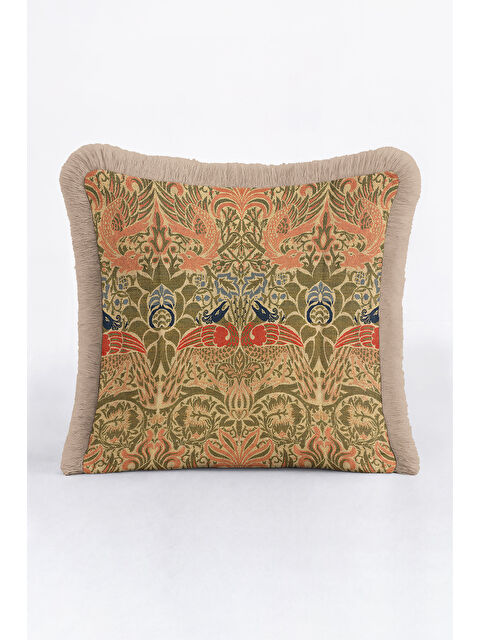 Milbay Grup Lüks Kuş Motifli Saçaklı Yastık Kılıfı - Nostaljik Rustik Zeytin Yeşili Püsküllü Kırlent Kılıfı