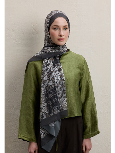 Fresh Scarfs Ethnıc Fıgure Desen İpek Krep Şal Vizon