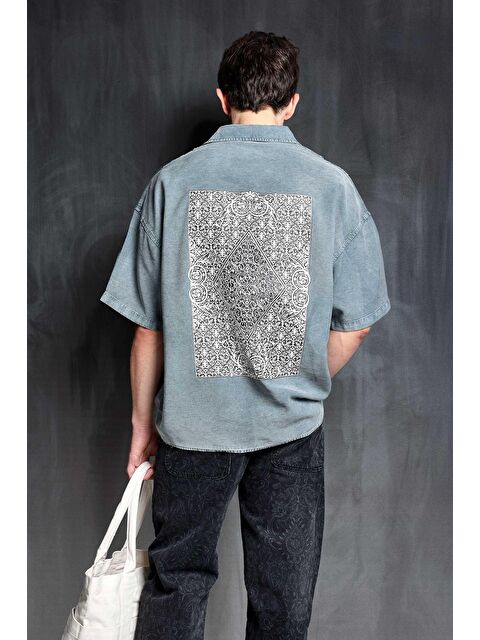 Abluka Online Erkek Kısa Kollu Desen Baskılı Yıkamalı Oversize %100 Pamuk Gömlek Gri - S000365691-20600