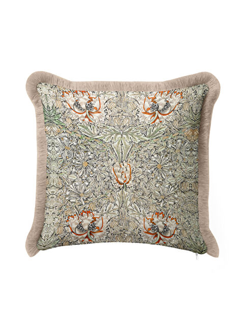 Milbay Grup Lüks Çiçek Motifli Saçaklı Yastık Kılıfı - Vintage Botanikal Bej Yeşil Püsküllü Kırlent Kılıfı
