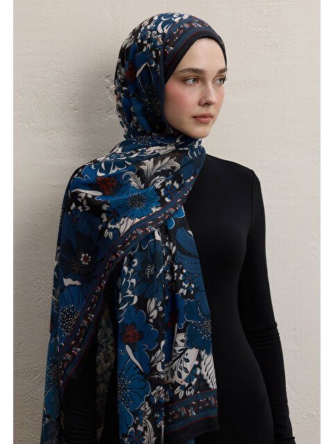 Fresh Scarfs Dahlıa Desen İpek Krep Şal Gece Mavisi