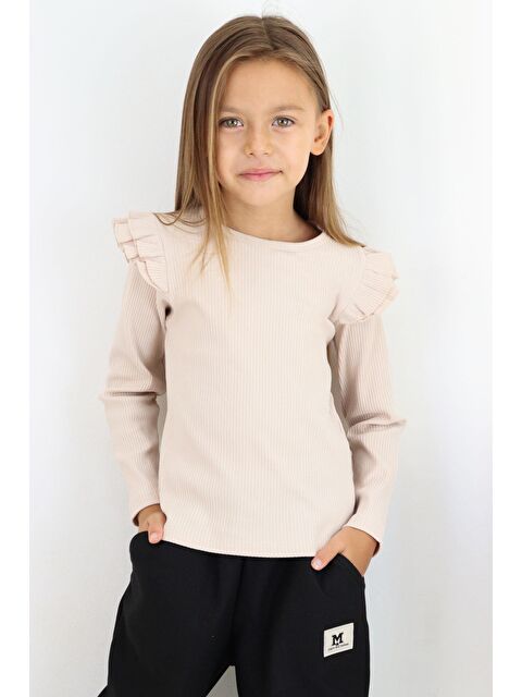 Breeze Kız Çocuk Uzun Kollu Tişört Omuzu Fırfırlı Bej (5-9 Yaş) - S000332637-19928
