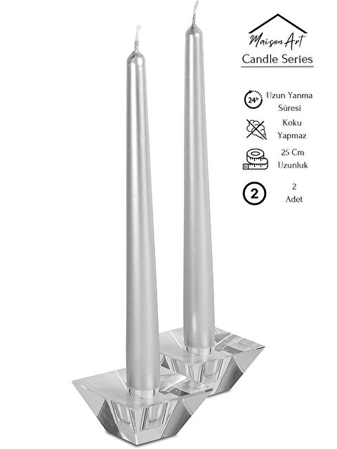 Maison Art Şamdan Mumu | 2 Adet | Parlak Metalik Silver Gri Renk Konik Şamdan Mumu - S000070415-20600