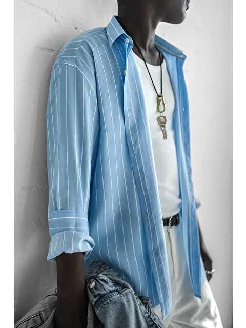 Abluka Online Erkek Nefes Alan Kumaştan Çizgili Rahat Oversize Gömlek Mavi - S000240383-17234