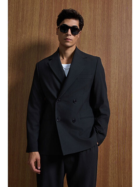 Abluka Online Erkek Oversize Rahat Kalıp Kruvaze Takım Elbise Siyah - S000203326-19351