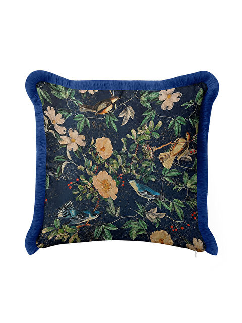 Milbay Grup Lüks Kuşlu Çiçekli Saçaklı Yastık Kılıfı - Vintage Doğa Bohem Lacivert Püsküllü Kırlent Kılıfı