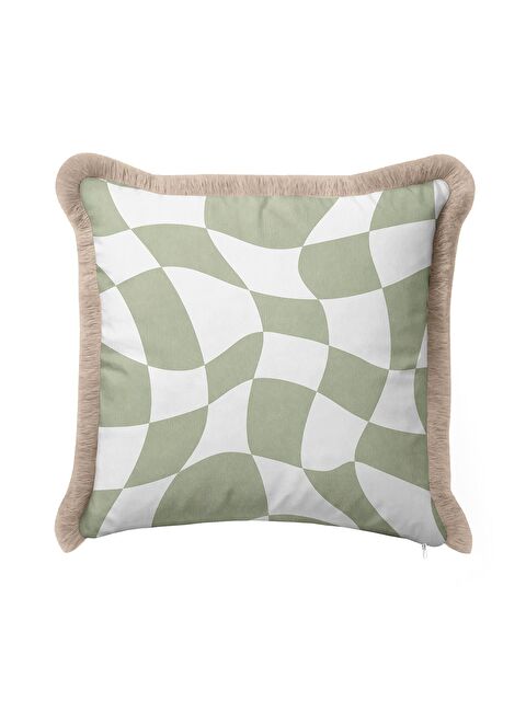 Milbay Grup Optik Dalga Yeşil Saçaklı Yastık Kılıfı - Trend Modern Bej Kenarlı Püsküllü Kırlent Kılıfı