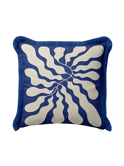 Milbay Grup Modern Dalga Hareketli Saçaklı Yastık Kılıfı - Soyut Akışkan Mavi Retro Püsküllü Kırlent Kılıfı