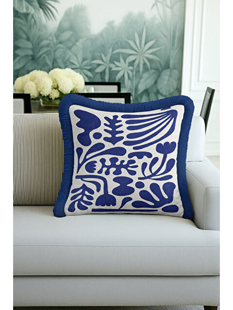 Milbay Grup Modern Botanik Saçaklı Yastık Kılıfı - Abstrakt Doğa Temalı İskandinav Mavi Püsküllü Kırlent Kılıfı