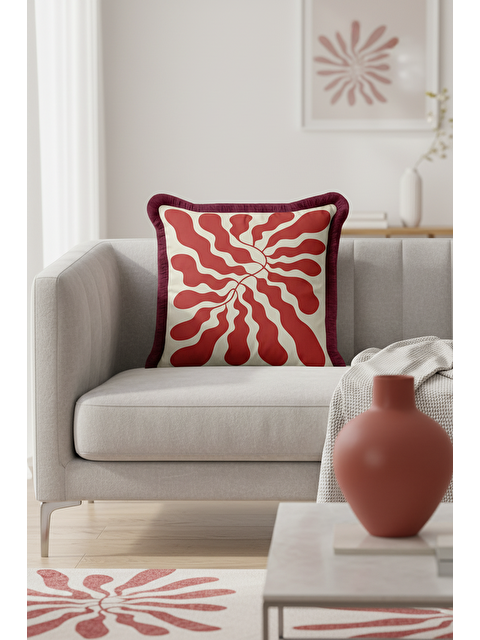 Milbay Grup Retro Organik Dalga Saçaklı Yastık Kılıfı - Soyut Akışkan Modern Bordo Krem Püsküllü Kırlent Kılıfı