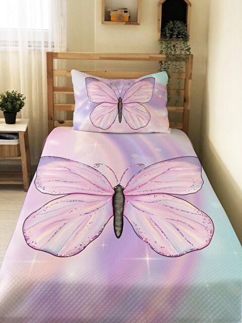 Evmila Kelebek Desenli Bebek Ve Çocuk Baskılı Tek Kişilik Pike Takımı Pembe - S000031260-23173