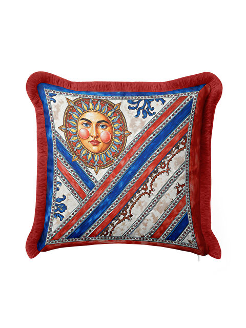 Milbay Grup Antik Güneş Motifli Saçaklı Yastık Kılıfı - Sanatsal Bohem Kırmızı Mavi Püsküllü Kırlent Kılıfı
