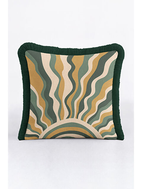 Milbay Grup Retro Dalga Altın Renkli Saçaklı Yastık Kılıfı - Güneş Vurgulu Bohem Yeşil Püsküllü Kırlent Kılıfı
