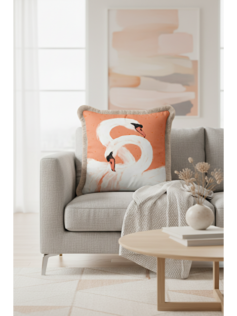 Milbay Grup Zarif Kuğu Motifli Saçaklı Yastık Kılıfı - Pastel Romantik Bohem Şeftali Ton Püsküllü Kırlent Kılıfı