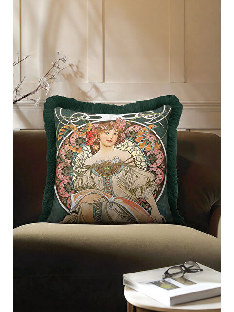 Milbay Grup Art Nouveau Elegan Saçaklı Yastık Kılıfı - Kadın Figürlü Vintage Bohem Yeşil Püsküllü Kırlent Kılıfı