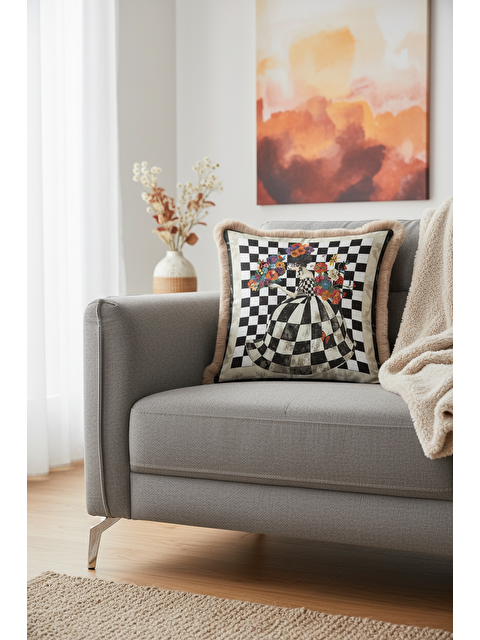 Milbay Grup Sanatsal Vizyon Saçaklı Yastık Kılıfı - Çiçekli Vintage Bohem Siyah Beyaz Püsküllü Kırlent Kılıfı