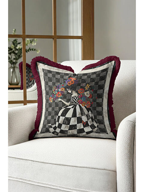 Milbay Grup Saray Esintili Saçaklı Yastık Kılıfı - Sanatsal Bohem Siyah Beyaz Bordo Püsküllü Kırlent Kılıfı