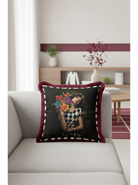 Milbay Grup Sanatsal Zarif Moda Saçaklı Yastık Kılıfı - Romantik Vintage Bohem Bordo Püsküllü Kırlent Kılıfı