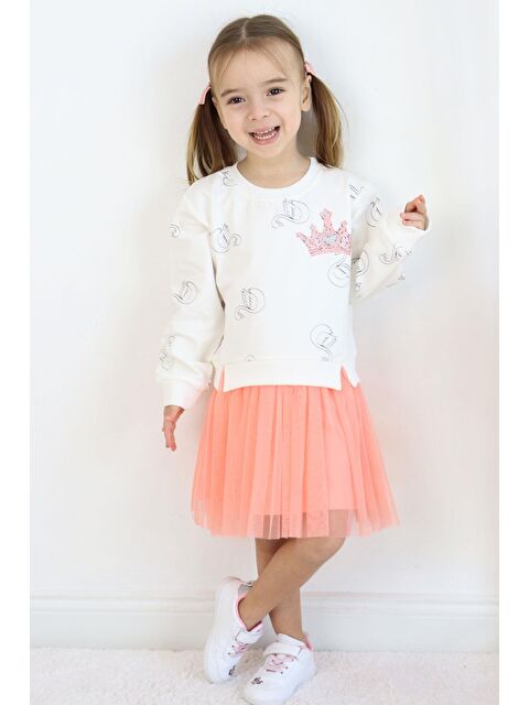 Breeze Kız Çocuk Uzun Kollu Elbise Kuğu Desenli Simli Taç Baskılı Ekru (1.5-3 Yaş) - S000355965-19965