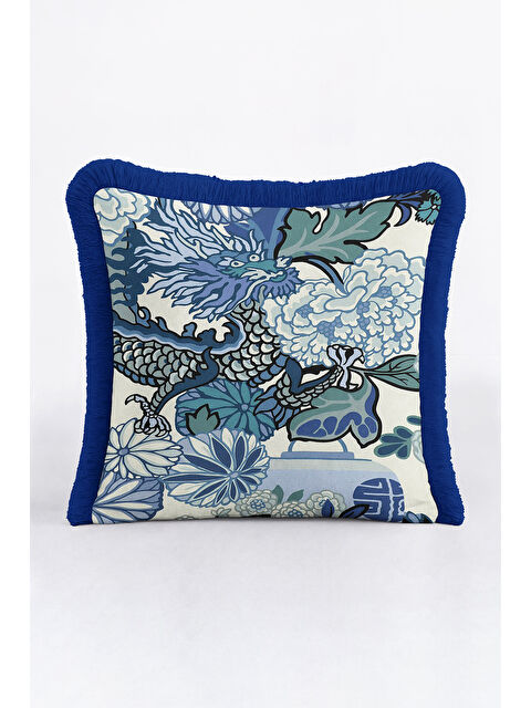 Milbay Grup Ejderha Motifli Saçaklı Yastık Kılıfı - Asya Etkili Bohem Mavi Yeşil Püsküllü Kırlent Kılıfı