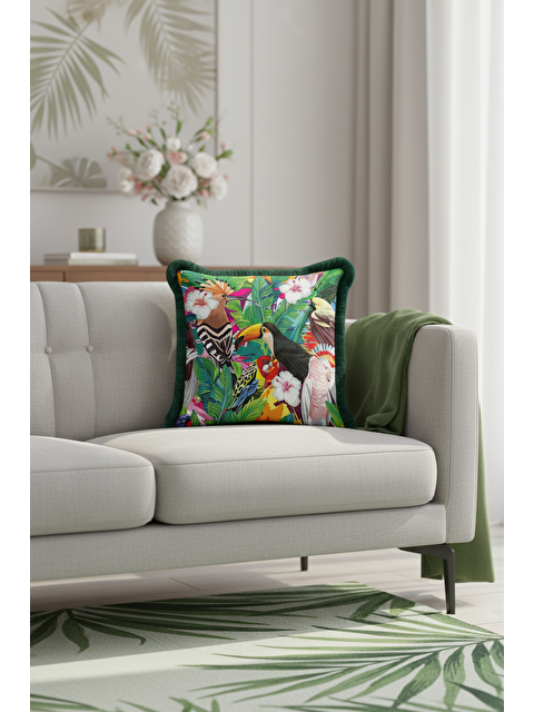 Milbay Grup Egzotik Tropikal Kuşlar Saçaklı Yastık Kılıfı - Canlı Yeşil Bohem Botanik Püsküllü Kırlent Kılıfı