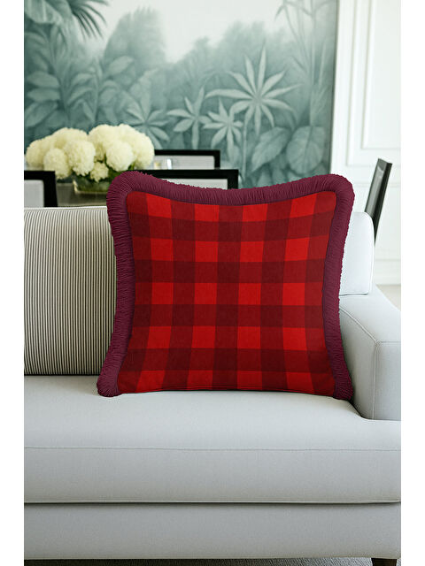 Milbay Grup Kareli Lüks Saçaklı Yastık Kılıfı - Ev Klasik Rustik Bordo Kırmızı Püsküllü Kırlent Kılıfı