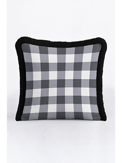 Milbay Grup Modern Ekose Saçaklı Yastık Kılıfı - Siyah Beyaz Country Stil Püsküllü Kırlent Kılıfı