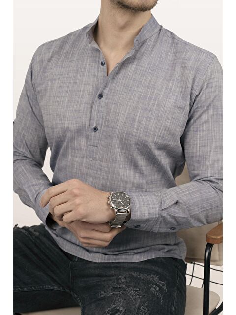 Etikmen Açık Füme Hakim Yaka Keten Üç Düğmeli Slimfit Erkek %100 Pamuk Gömlek - S000120802-33408