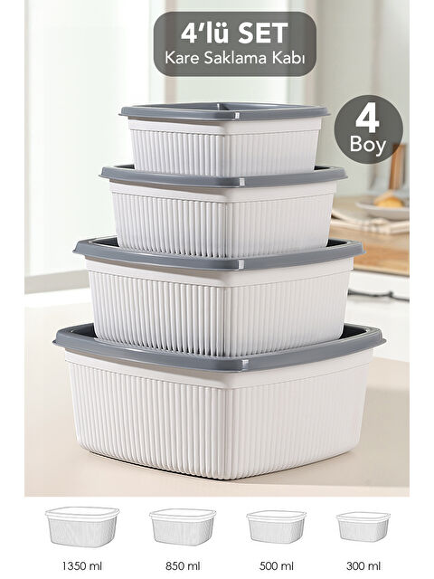 Meleni Home 4'lü Çizgili Kare Gıda Saklama Kabı Seti