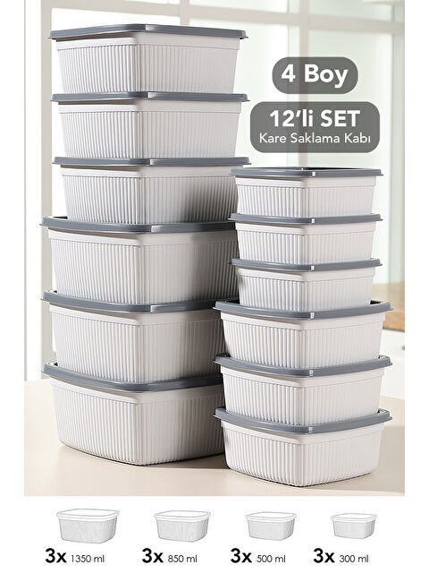 Meleni Home 12'li Çizgili Kare Gıda Saklama Kabı Seti