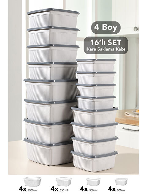 Meleni Home 16'lı Çizgili Kare Gıda Saklama Kabı Seti