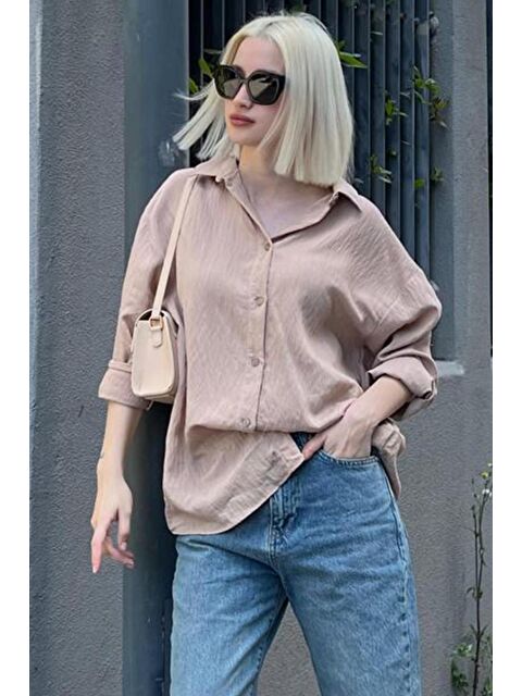 Madmext Bej Uzun Kollu Çizgili Oversize Gömlek Mg2080 - S000204377-19928