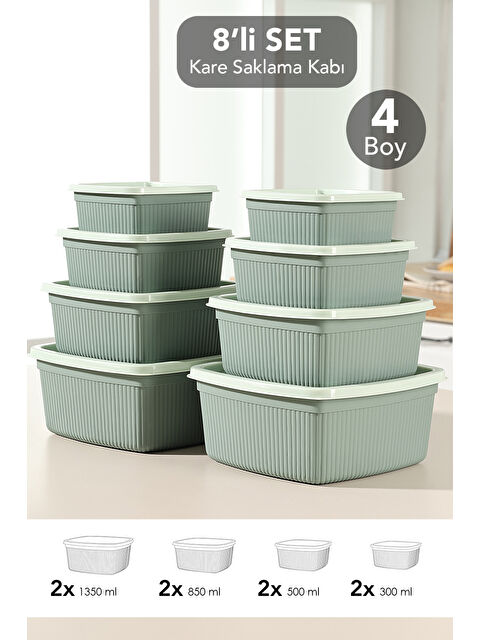 Meleni Home 8'li Çizgili Kare Gıda Saklama Kabı Seti